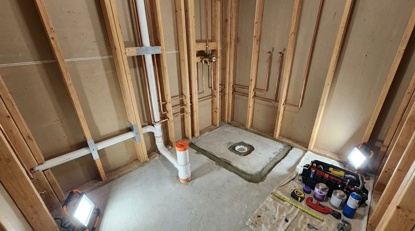 Bathroom rough-in plumbing during remodel by Johns Plumbing LLC in Naperville
