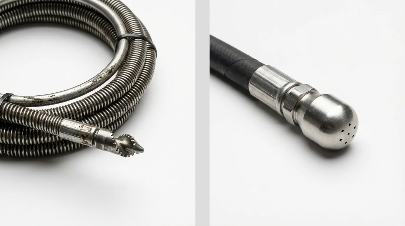 Drain snake cable and hydro jetting nozzle used for drain cleaning in Naperville, IL