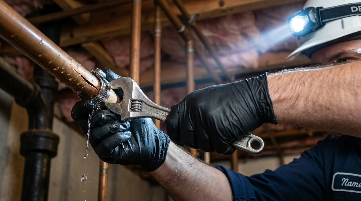 Emergency pipe clamp repair being performed by a Johns Plumbing LLC plumber in Naperville