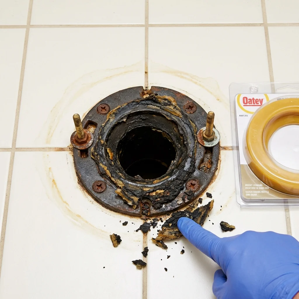 Failed wax ring showing water seepage at the base of a toilet in a Naperville, IL home