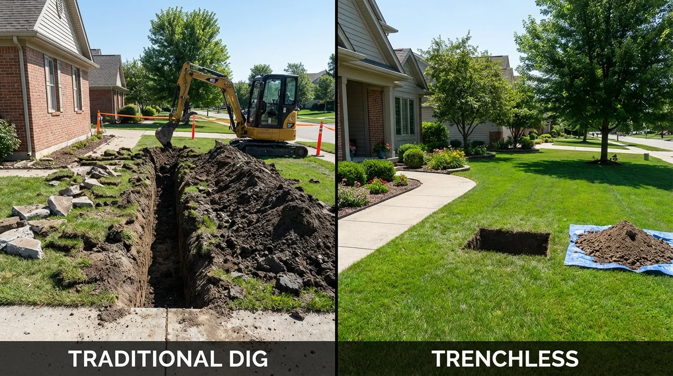 Trenchless sewer repair with minimal yard damage versus traditional excavation in Naperville, IL