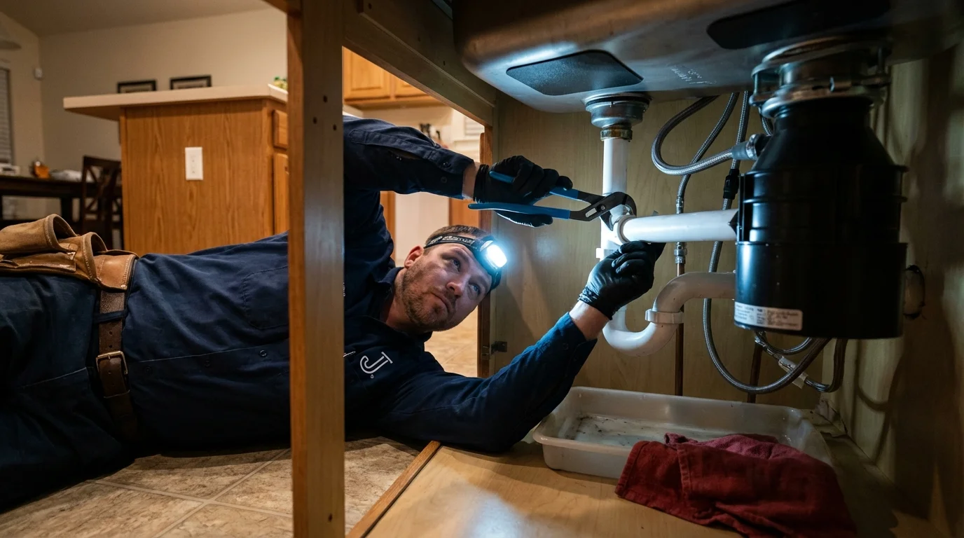 P-trap and supply line connections under a kitchen sink showing a common leak point in Naperville, IL